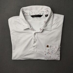 Travis Mathew Polo Shirt Mens Medium White Splatter Golf Edgewood Valley 1MZ316